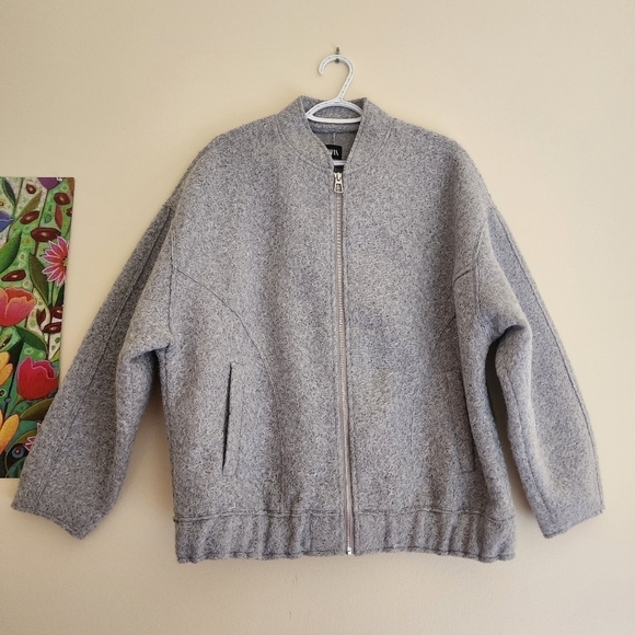 Zara Boucle Bomber Jacket Blogger Coat Size XS in Light Gray - Picture 7 of 16